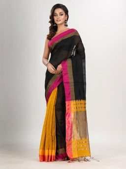Angoshobha - Black and Yellow Cotton Blend Handloom Saree with Unstitched Blouse