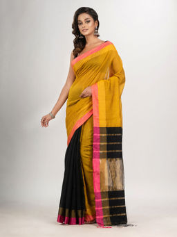 Angoshobha - Yellow and Black Cotton Blend Handloom Saree with Unstitched Blouse