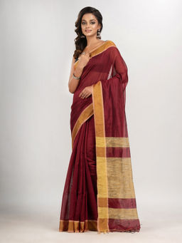 Angoshobha - Maroon Cotton Blend with Pallu Ghicha Handloom Saree with Unstitched Blouse