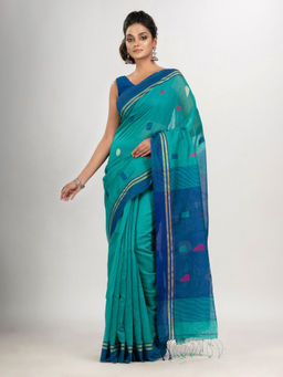 Angoshobha - Turquoise Cotton Blend Boll Motive with Blue Pallu Jamdani Saree with Unstitched Blouse