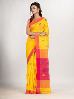Angoshobha - Yellow Cotton Blend Boll Motive with Rani Pallu Jamdani Saree with Unstitched Blouse