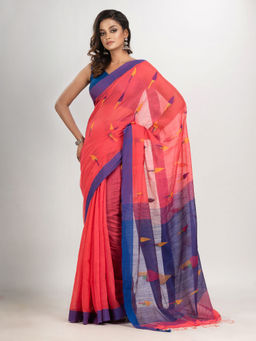 Angoshobha - Pastel Red Arrow Motive with Blue Pallu Jamdani Saree with Unstitched Blouse