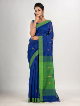 Angoshobha - Royal Blue Arrow Motive with Green Pallu Jamdani Saree with Unstitched Blouse