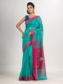 Angoshobha - Turquoise Cotton Blend Arrow Motive with Pink Pallu Jamdani Saree with Unstitched Blouse