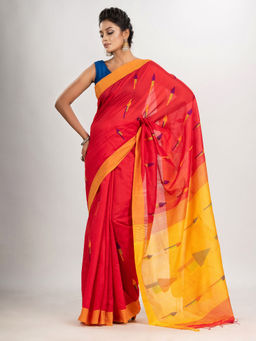 Angoshobha - Red Cotton Blend Arrow Motive with Yellow Pallu Jamdani Saree with Unstitched Blouse