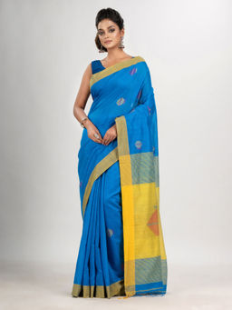 Angoshobha - Aqua Blue Noddle Motive with Yellow Pallu Jamdani Saree with Unstitched Blouse