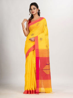 Angoshobha - Yellow Cotton Blend Noddle Motive with Pink Pallu Jamdani Saree with Unstitched Blouse