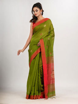 Angoshobha - Venom Green Noddle Motive with Red Pallu Jamdani Saree with Unstitched Blouse