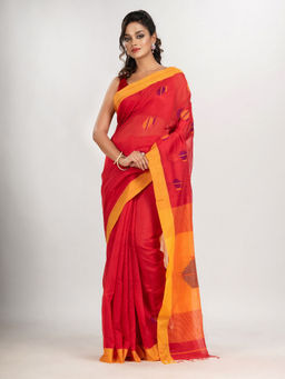 Angoshobha - Red Cotton Blend Noddle Motive with Yellow Pallu Jamdani Saree with Unstitched Blouse