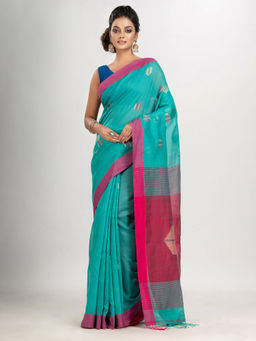 Angoshobha - Turquoise Noddle Motive with Rani Pallu Jamdani Saree with Unstitched Blouse