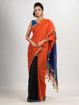 Angoshobha - Orange and Black Cotton Blend with Pompom Handloom Saree with Unstitched Blouse