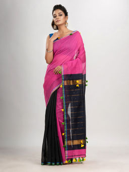 Angoshobha - Pink and Black Cotton Blend with Pompom Handloom Saree with Unstitched Blouse