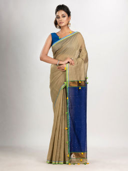 Angoshobha - Muga Cotton Blend with Pallu Blue And Pompom Handloom Saree with Unstitched Blouse