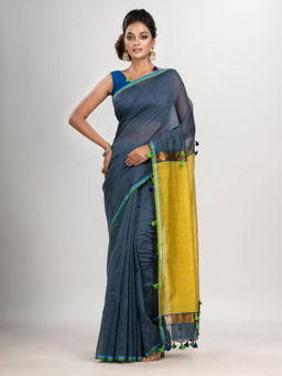 Angoshobha - Slate Cotton Blend with Pallu Yellow And Pompom Handloom Saree with Unstitched Blouse