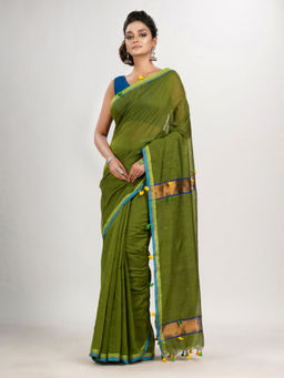 Angoshobha - Olive Green Cotton Blend with Pompom Handloom Saree with Unstitched Blouse