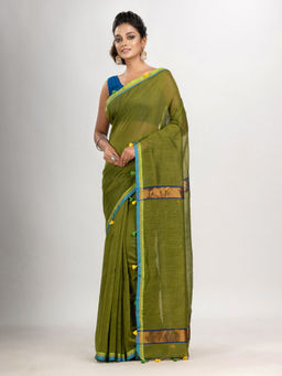 Angoshobha - Olive Green Cotton Blend with Pompom Handloom Saree with Unstitched Blouse