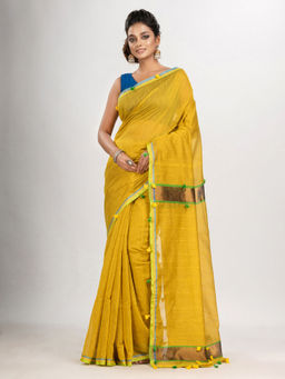 Angoshobha - Yellow Cotton Blend with Pompom Handloom Saree with Unstitched Blouse