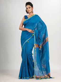 Angoshobha - Aqua Blue Cotton Blend with Pompom Handloom Saree with Unstitched Blouse