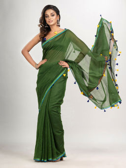 Angoshobha - Hunter Green Cotton Blend with Pompom Handloom Saree with Unstitched Blouse