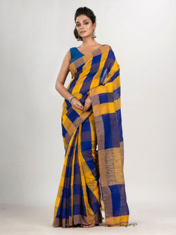Angoshobha - Yellow and Blue Cotton Blend Check Handloom Saree with Unstitched Blouse