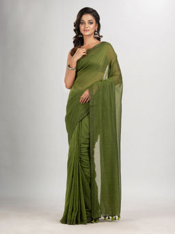 Angoshobha - Pickle Green Cotton Mulmul Handloom Saree with Unstitched Blouse