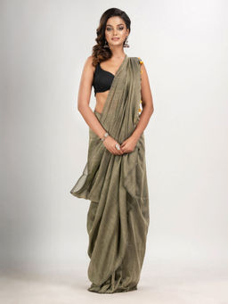 Angoshobha - Sage Green Cotton Mulmul Handloom Saree with Unstitched Blouse