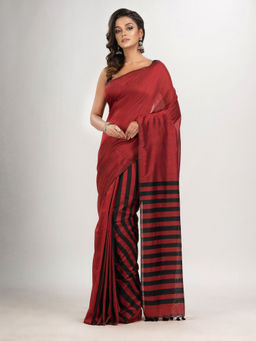 Angoshobha - Red Cotton Mulmul Handloom Saree with Unstitched Blouse