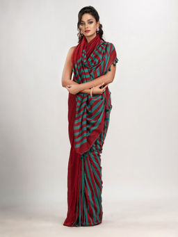 Angoshobha - Maroon Cotton Mulmul Handloom Saree with Unstitched Blouse