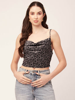 Moomaya - Women Black Floral Velvet Crop Top