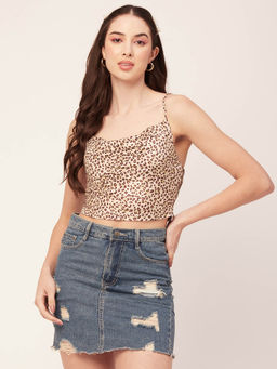 Moomaya - Women Cream Animal Printed Velvet Crop Top