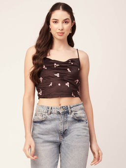 Moomaya - Women Black Floral Velvet Crop Top