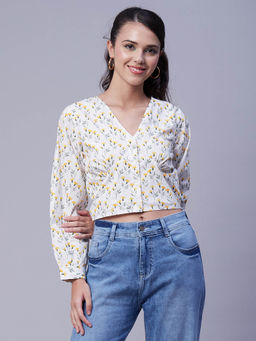 Moomaya - Women White Floral Full Sleeves Crop Top