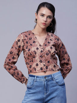 Moomaya - Women Brown Printed Full Sleeves Crop Top