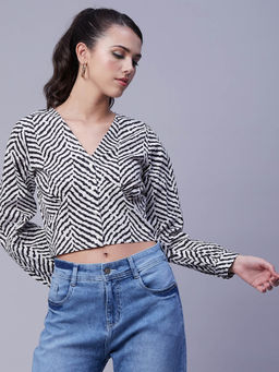 Moomaya - Women White Printed Full Sleeves Crop Top