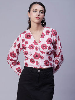 Moomaya - Women Pink Floral Full Sleeves Crop Top