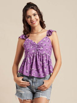 Moomaya - Women Purple Floral Ruffled Sleeves Top