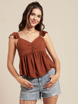 Moomaya - Women Brown Solid Ruffled Sleeves Top