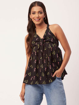 Moomaya - Women Black Printed Cinched Viscose Top