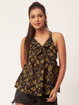 Moomaya - Women Black Floral Cinched Viscose Top