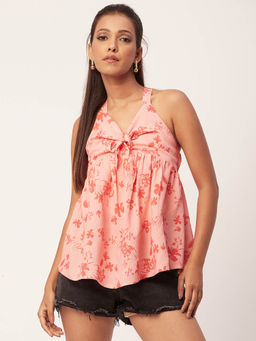 Moomaya - Women Peach Floral Cinched Viscose Top