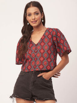 Moomaya - Women Maroon Printed Button Down Crop Top