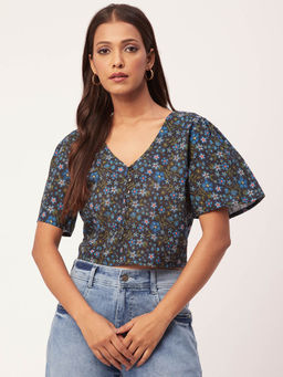 Moomaya - Women Black Floral Button Down Crop Top