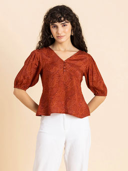 Moomaya - Women Rust Paisley V-Neck Viscose Top