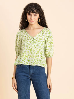 Moomaya - Women Green Floral V-Neck Viscose Top
