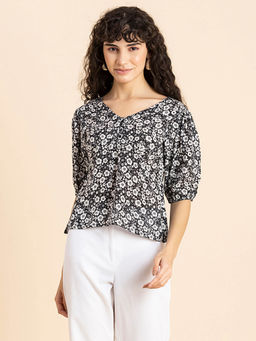Moomaya - Women Black & White Floral V-Neck Viscose Top
