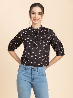 Moomaya - Women Black Printed Half Sleeves Top