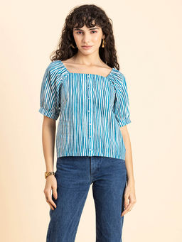 Moomaya - Women White & Blue Stripes Balloon Sleeve Top