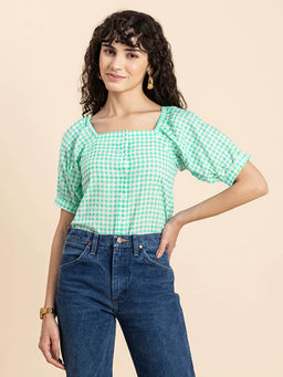 Moomaya - Women Green Checks Puffed Sleeves Top