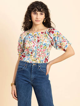 Moomaya - Women Multi-Color Floral Balloon Sleeve Top