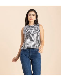 Moomaya - Women White & Black Sleeveless Side-Button Top